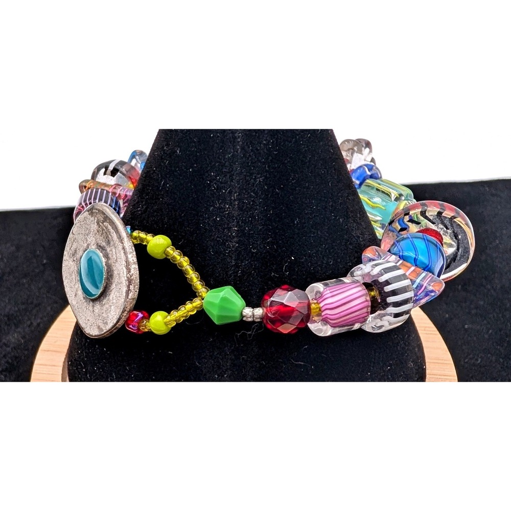 Artisan Lampwork Glass Bead Bracelet Multi Color Boho Button Toggle 8 Inch - Picture 4 of 5
